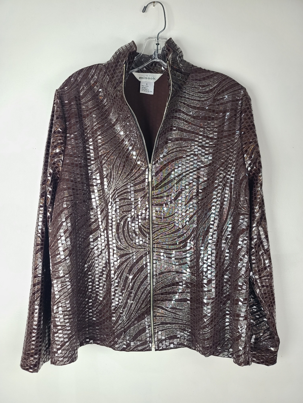 Misook Brown Patterned Shattered Glass Faux Sequin Full-Zip Lightweight Jacket L - Picture 12 of 13